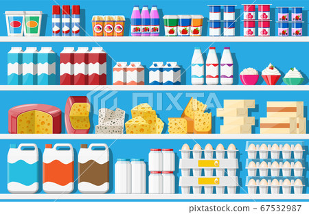 Showcase fridge with dairy products. Showcase fridge with dairy products. 67532987