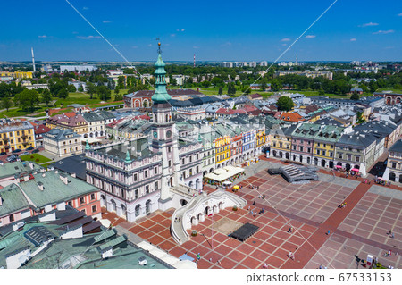 Zamosc, Poland. Aerial view of old town and city main square Zamosc, Poland. Aerial view of old town and city main square 67533153