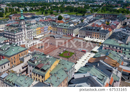 Zamosc, Poland. Aerial view of old town and city main square Zamosc, Poland. Aerial view of old town and city main square 67533165