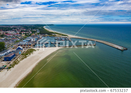 Aerial view of Wladyslawowo marina, port and beach. Pomerania, Poland. 67533237