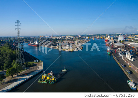 Gdansk Harbor Aerial View. Cranes at the famous shipyard of Gdansk, 67533256
