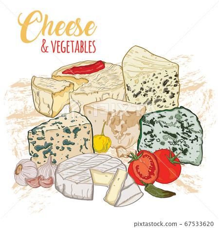 Hand drawn colorful types of cheese and vegetables Hand drawn colorful types of cheese and vegetables 67533620