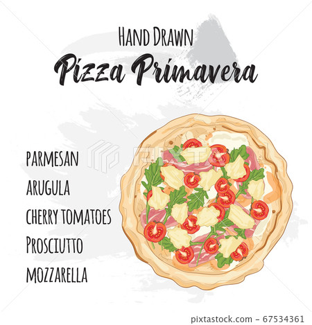 Hand drawn colorful pizza Primavera with ingredients Hand drawn colorful pizza Primavera with ingredients 67534361