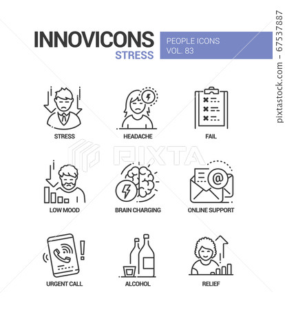 Stress concept line design style icons set - Stock Illustration ...