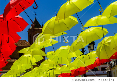 Colourful umbrellas urban street decoration. Colourful umbrellas urban street decoration. 67538174