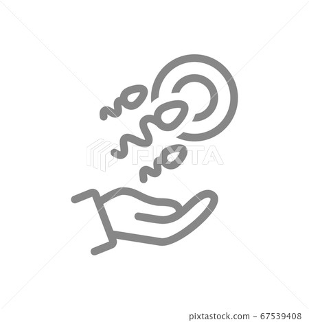 Egg and sperm on hand line icon. Parenthood healthcare, medical treatment, new embryo symbol Egg and sperm on hand line icon. Parenthood healthcare, medical treatment, new embryo symbol 67539408