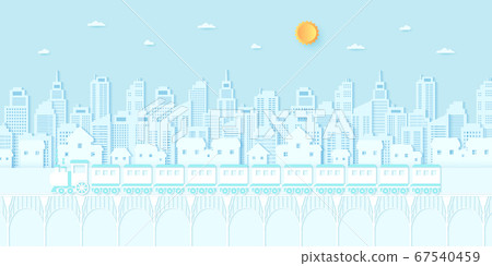 Transportation, Train running on the bridge, Cityscape, residential, house, buildings with blue sky and sun, paper art style 67540459