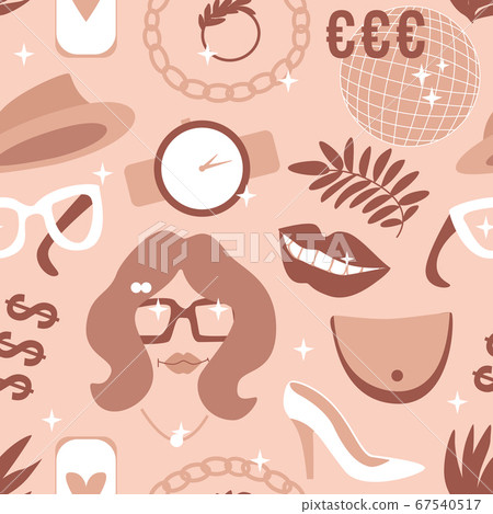 Woman style Seamless pattern. Vector illustration for surface design. Businesswoman objects flat texture background. Pastel color trend 67540517