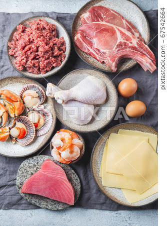 Animal protein sources background with copy space. Carnivore diet concept. Meat, cheese, fish, eggs and seafood Animal protein sources background with copy space. Carnivore diet concept. Meat, cheese, fish, eggs and seafood 67542664