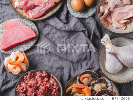 Animal protein sources background with copy space. Carnivore diet concept. Meat, cheese, fish, eggs and seafood 67542666