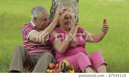 Family weekend picnic. Senior old grandparents couple in park using smartphone online video call Family weekend picnic. Senior old grandparents couple in park using smartphone online video call 67544128