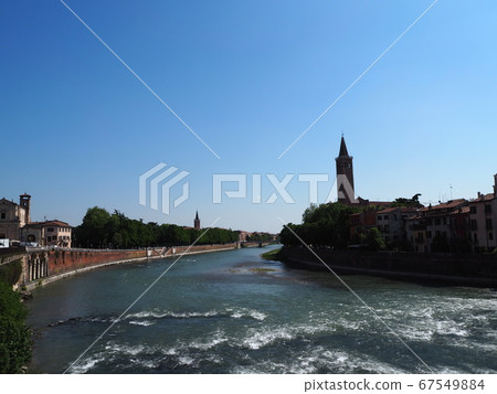 See the clear stream of Verona, Italy under the blue sky 67549884