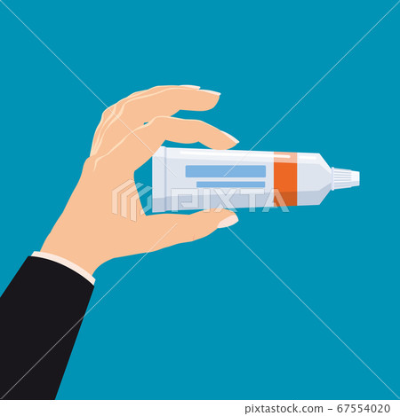 Hand hold pharmacy bottle plastic medicine tube for cream, pasta, gel. Template banner vector illustration isolated cartoon flat style Hand hold pharmacy bottle plastic medicine tube for cream, pasta, gel. Template banner vector illustration isolated cartoon flat style 67554020