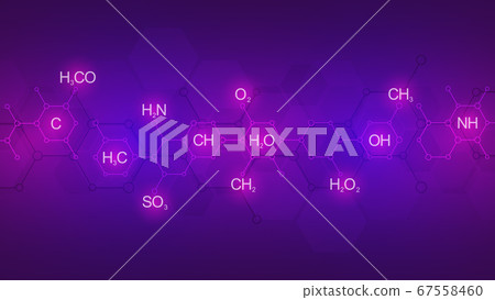 Abstract chemistry pattern on purple background with chemical formulas and molecular structures. Science and innovation technology concept. Abstract chemistry pattern on purple background with chemical formulas and molecular structures. Science and innovation technology concept. 67558460