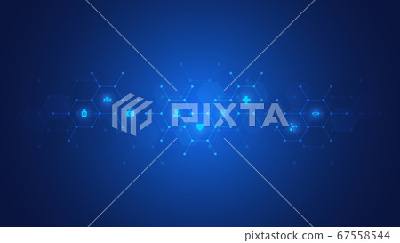 Healthcare and technology concept with flat icons and symbols. Template design for health care business, innovation medicine, science background, medical research. Vector illustration. 67558544