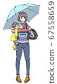 A parent and child (mother) go to the park with an umbrella while taking an unpleasant child and a baby in a hug on a rainy day 67558659
