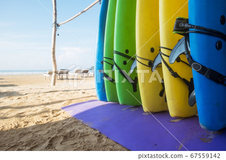 Several long boards for surfing standing on beach 67559142