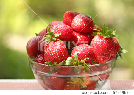 strawberry in bowl close up vertical photo with copy space on green grass background 67559634