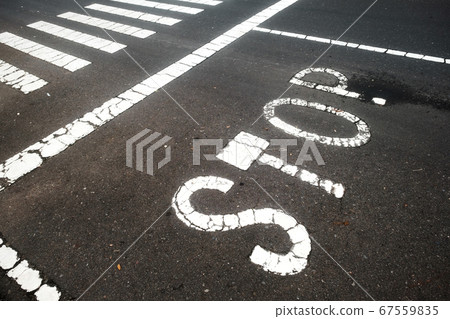 Text STOP is painted on the asphalt near crosswalk Text STOP is painted on the asphalt near crosswalk 67559835