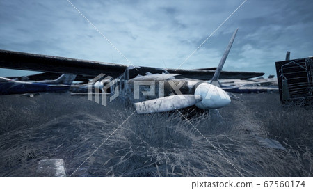 Rusty and broken planes stand in a field against a hazy blue sky. A lot of destroyed, destroyed, abandoned planes. 3D Rendering Rusty and broken planes stand in a field against a hazy blue sky. A lot of destroyed, destroyed, abandoned planes. 3D Rendering 67560174