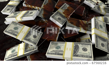 Crude oil floods scattered bundles of hundred-dollar bills. Concept for business, oil, and financial backgrounds. 3D Rendering Crude oil floods scattered bundles of hundred-dollar bills. Concept for business, oil, and financial backgrounds. 3D Rendering 67560216