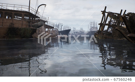 Rusty abandoned ships in the sea bay. Destroyed abandoned industrial ships. 3D Rendering 67560246