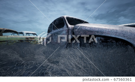 Car dump of old abandoned cars. Rusty damaged cars. A lot of destroyed, ruined, abandoned cars. 3D Rendering 67560361