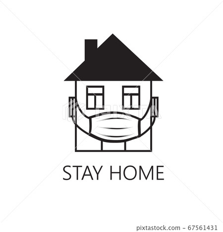 Quarantine sign. Crestative symbol with house, wearing medical mask and lettering "Stay home", "Stay safe" over white background. 67561431