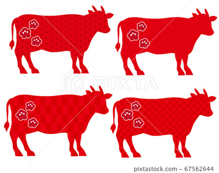 Red Japanese pattern cow silhouette set - Stock Illustration [67562644 ...