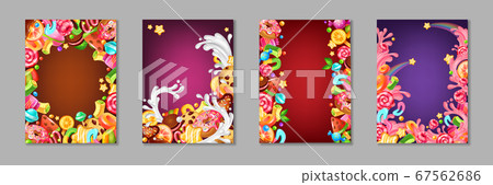 Cartoon candy posters. Background templates with sweets and desserts for kids, chocolate and caramel cakes lollipops and cookies. Vector banner set Cartoon candy posters. Background templates with sweets and desserts for kids, chocolate and caramel cakes lollipops and cookies. Vector banner set 67562686