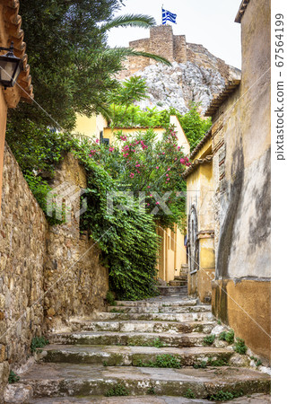 Plaka district in Athens, Greece. Narrow street 67564199