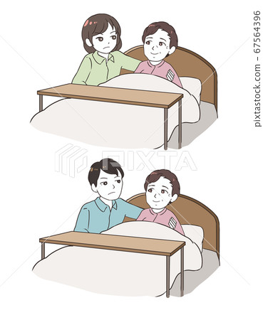 沮喪的家庭照顧躺在床上的老婦人 沮喪的家庭照顧躺在床上的老婦人 67564396