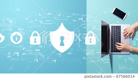 Cyber security theme with person working with laptop 67566014