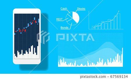 智能手機金融產品交易屏幕和各種圖形 智能手機金融產品交易屏幕和各種圖形 67569134
