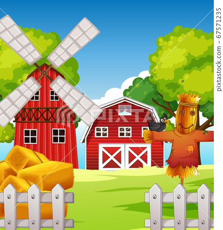 Farm scene in nature with barn and scarecrow and Farm scene in nature with barn and scarecrow and 67571235