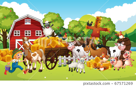 Farm in nature scene with horse drawn vehical and Farm in nature scene with horse drawn vehical and 67571269