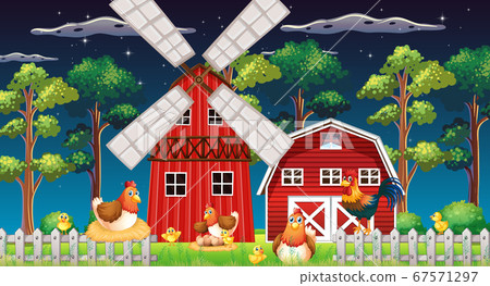 Farm scene with barn and windmill and chicken at Farm scene with barn and windmill and chicken at 67571297