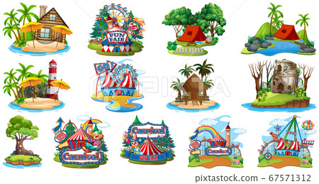 Set of different bangalows and island beach theme Set of different bangalows and island beach theme 67571312