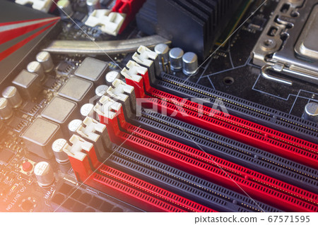 PC Mainboard memory slots and components. Close up PC Mainboard memory slots and components. Close up 67571595