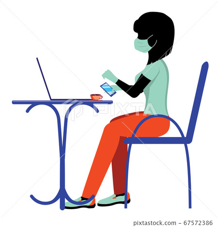 Woman in mask working on laptop in cafe - Stock Illustration [67572386 ...