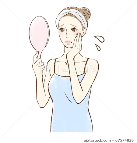 一個女人看著焦慮的手鏡 一個女人看著焦慮的手鏡 67574926