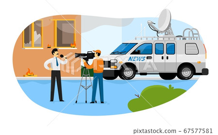 News reporting. Journalist man with microphone 67577581