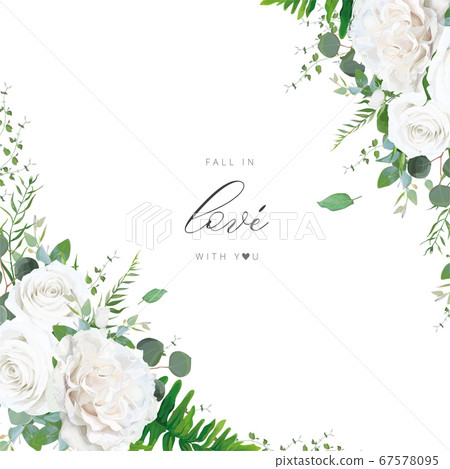 Wedding invitation, invite, save the date, greeting card, banner with floral frame, border. Ivory white Peony rose flowers, green eucalyptus branches & tender greenery. Elegant text space template Wedding invitation, invite, save the date, greeting card, banner with floral frame, border. Ivory white Peony rose flowers, green eucalyptus branches & tender greenery. Elegant text space template 67578095