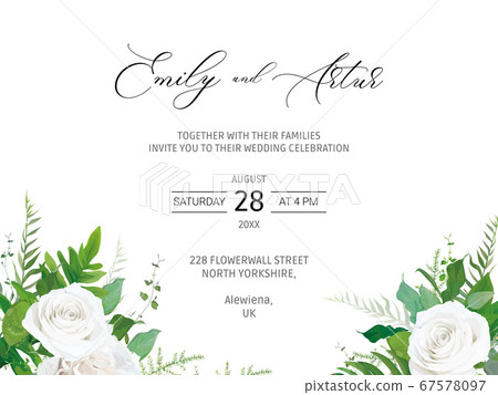 Wedding invitation, invite, save the date card with elegant floral vector art illustration. Watercolor garden ivory white peony roses, green eucalyptus branch, fern greenery. Botanical rustic template Wedding invitation, invite, save the date card with elegant floral vector art illustration. Watercolor garden ivory white peony roses, green eucalyptus branch, fern greenery. Botanical rustic template 67578097