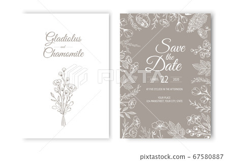 Wedding invitation card template design. Template, Frame with Flowers, Branches, Plants. 67580887