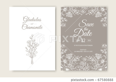 Wedding invitation card template design. Template, Frame with Flowers, Branches, Plants. Wedding invitation card template design. Template, Frame with Flowers, Branches, Plants. 67580888