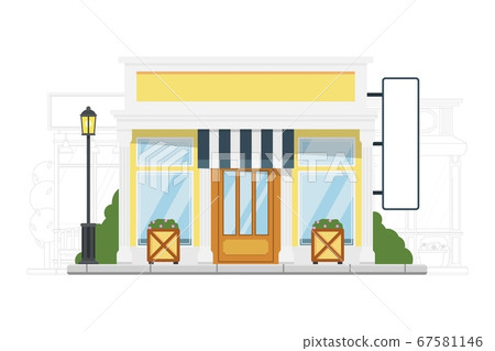 Small city hostel building exterior on cityscape 67581146