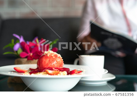 freshly homemade Pancakes Strawberry Crumble on white dessert plate freshly homemade Pancakes Strawberry Crumble on white dessert plate 67581356
