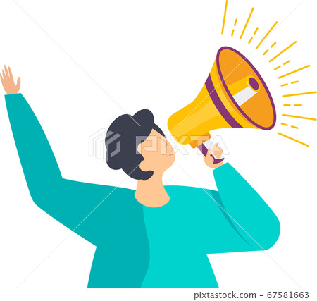 Man with a megaphone climbs out of a computer screen. Man with a megaphone climbs out of a computer screen. 67581663