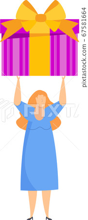 Small girl is standing with huge boxes with gifts. 67581664